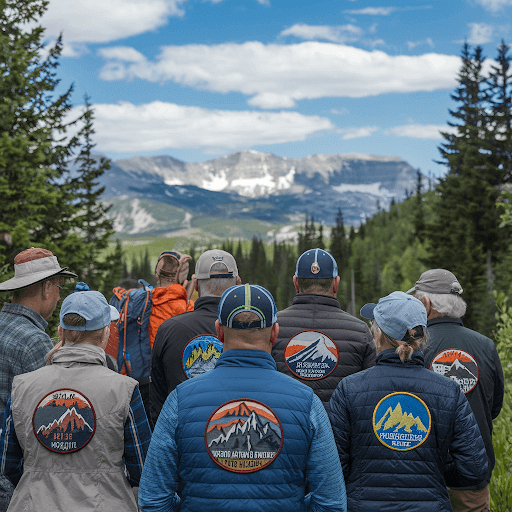A group of hikers and mountain lovers wearing custom mountain patches on their jackets, vests, or caps