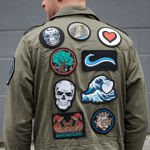 A jacket with multiple custom Velcro patches