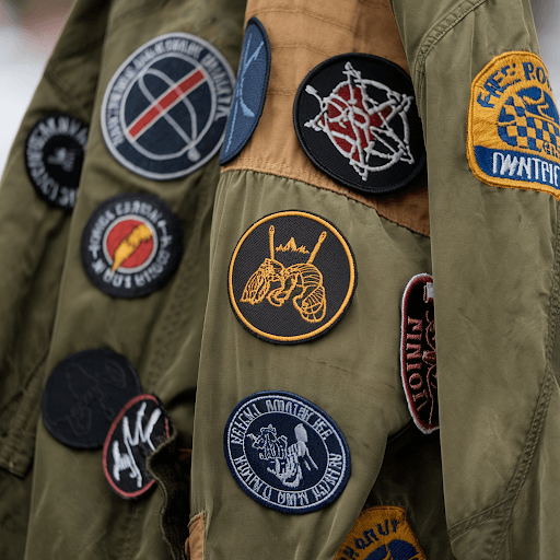 A jacket with multiple iron on patches