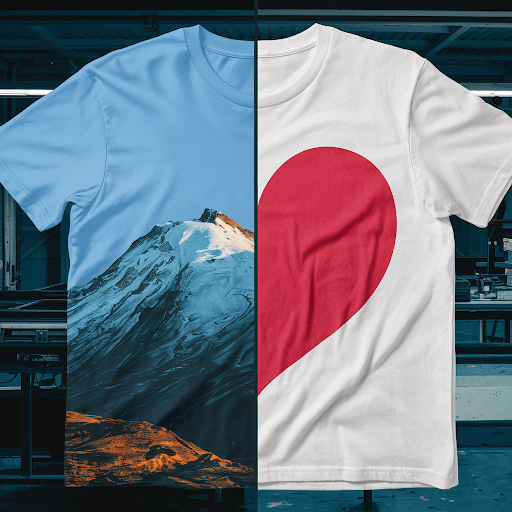 A side by side comparison of DTG (Direct to Garment) Printing and Screen Printing on a white t shirt
