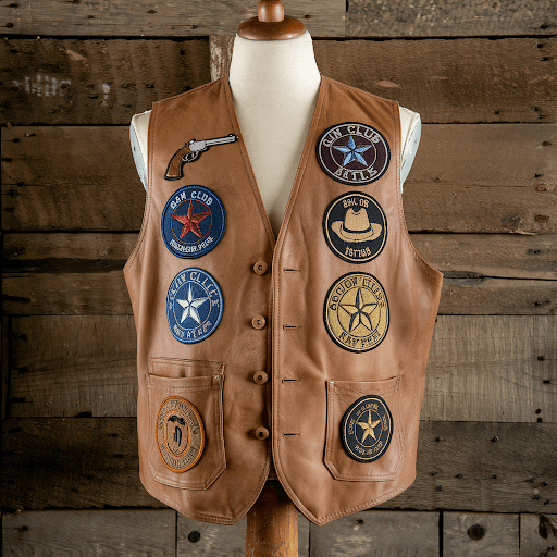 A vintage cowboy vest with multiple gun club patches A vintage cowboy vest with multiple gun club patches