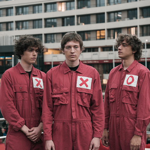 Contenders wearing red jumpsuits with X and O embroidered patches Contenders wearing red jumpsuits with X and O embroidered patches