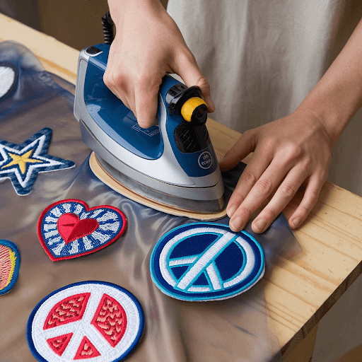 shot of a pair of hands ironing on patches to a polyester fabric