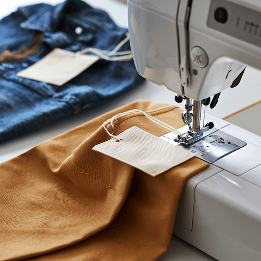 A step-by-step image of attaching fabric tags to clothes.