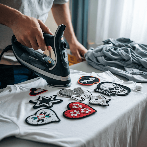 using a steamer to iron on patches onto a fabric