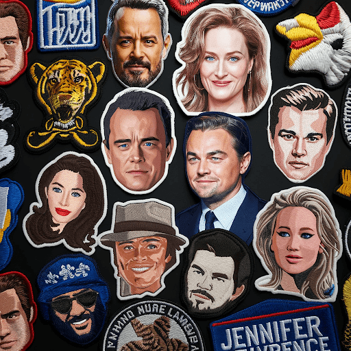 A collection of custom celebrity patches with the faces