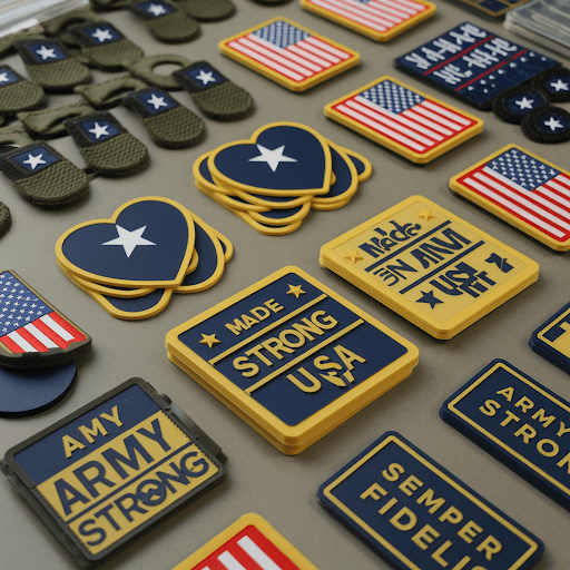 A collection of diverse custom pvc patches.
