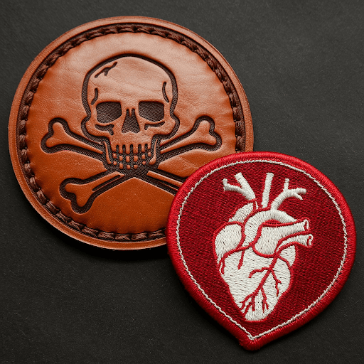 A comparison of a leather patch and a fabric patch