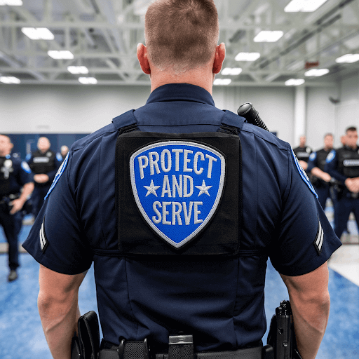 A custom police patch on his uniform shirt