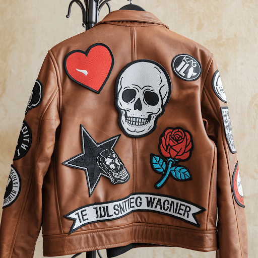 A faux leather jacket with a variety of iron on patches
