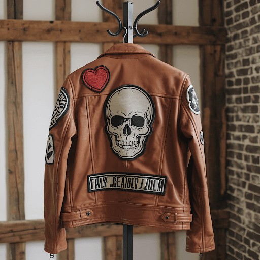 A faux leather jacket with iron on patches A faux leather jacket with iron on patches