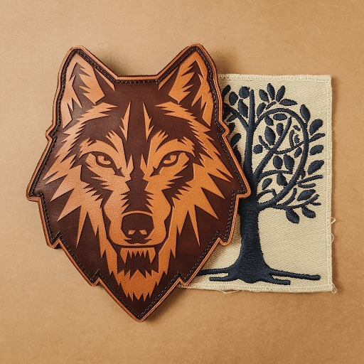 A leather patch is shown on the left with a large, intricate design of a wolf's head
