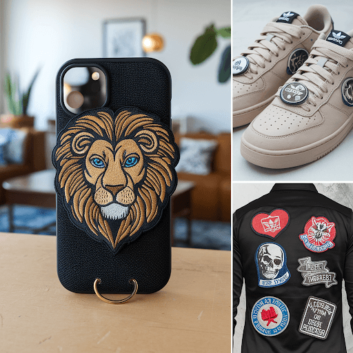 A mobile cover with a custom embroidered patch of a lion's face A mobile cover with a custom embroidered patch of a lion's face