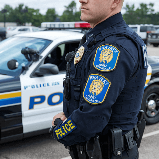 A police officer wearing custom police patches A police officer wearing custom police patches