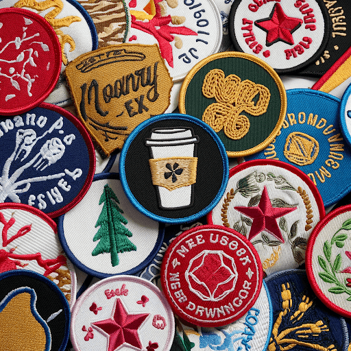 A variety of custom clothing patches with a Merrow Edge border.
