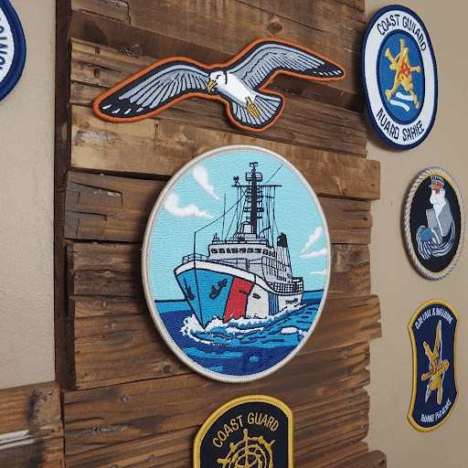A wooden wall with multiple custom marine patches A wooden wall with multiple custom marine patches