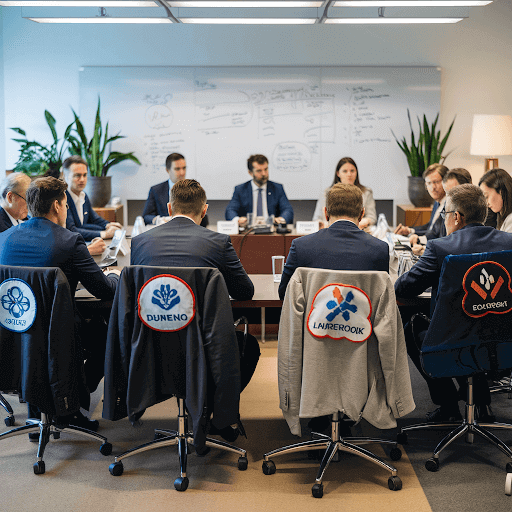 Conference room with some custom patches on the back of the coat