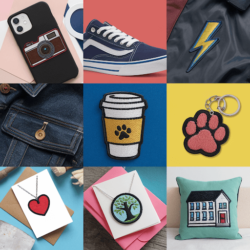 Custom embroidered patches uniquely attached to various items