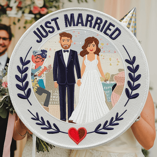 custom wedding patch with the text Just Married and a heart custom wedding patch with the text Just Married and a heart