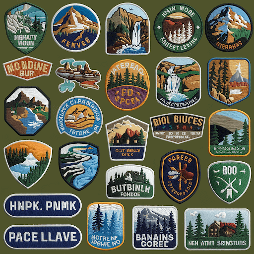 A collection of custom nature patches with different designs.
