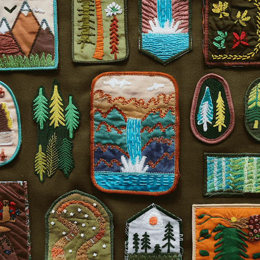 A collection of nature patches on a dark green background