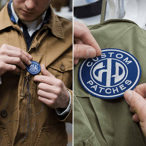 A comparison image of a tailor sewing a patch and a worker ironing a custom patch A comparison image of a tailor sewing a patch and a worker ironing a custom patch