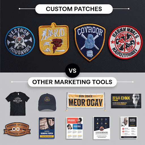 A comparison image of custom patches vs. other marketing tools