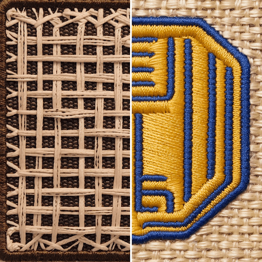 A comparison of a woven patch and an embroidered patch