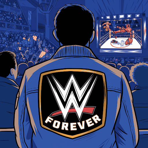 A custom illustration of a WWE fan with a patch on their jacket