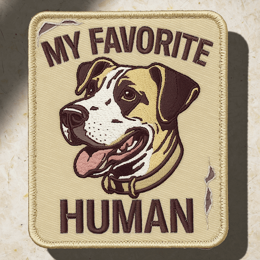 A custom pet patch with a dog's head and the text My Favorite Human.