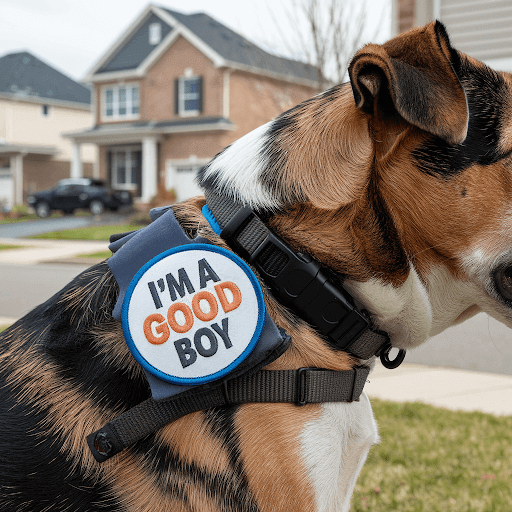 A dog wearing a custom pet patch on its collar