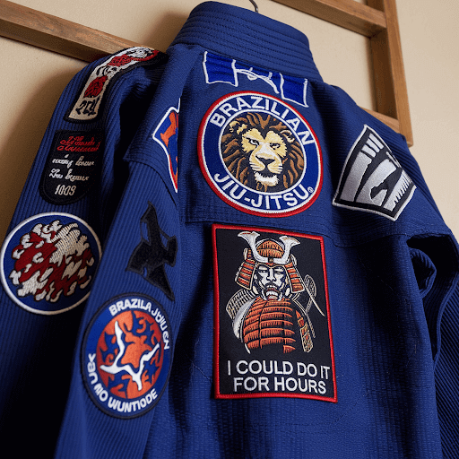A medium shot of a Brazilian Jiu Jitsu gi with multiple custom patches attached