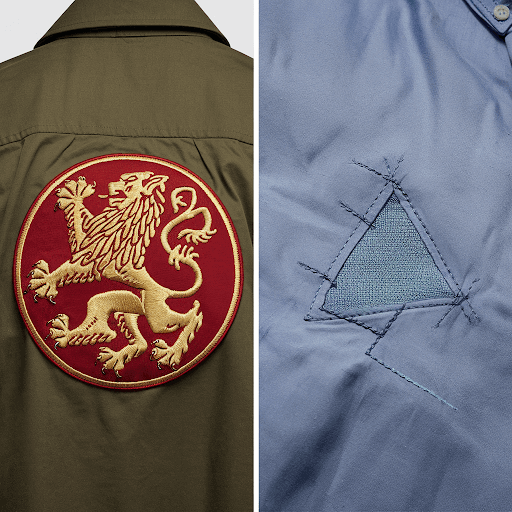 A side by side comparison of a shirt with a custom patch and a shirt with a sewing repair