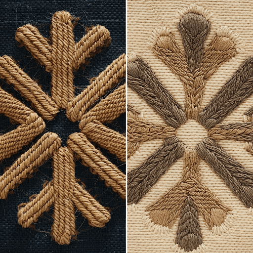 A side by side comparison of a woven patch and an embroidered patch