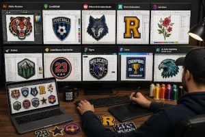 Visual representation of patches being designed on different design softwares.