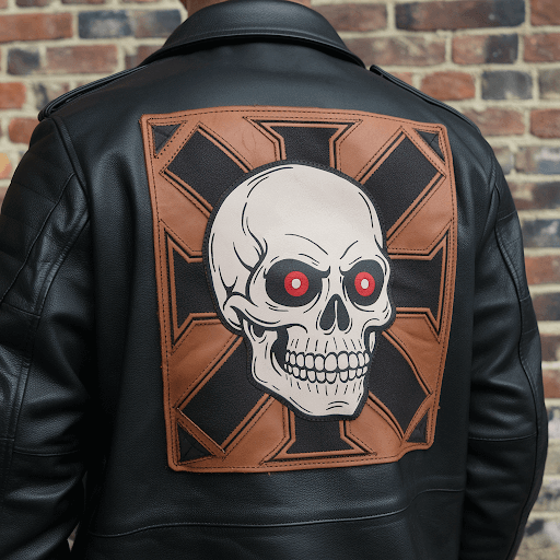 A black leather jacket with a custom leather skull patch on the back