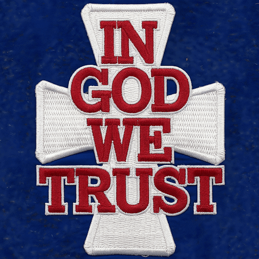 A custom religious patch with the text In God We Trust