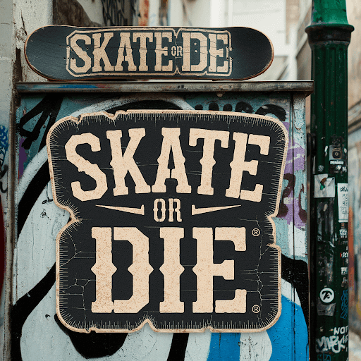 A custom skateboarding patch with the text Skate or Die