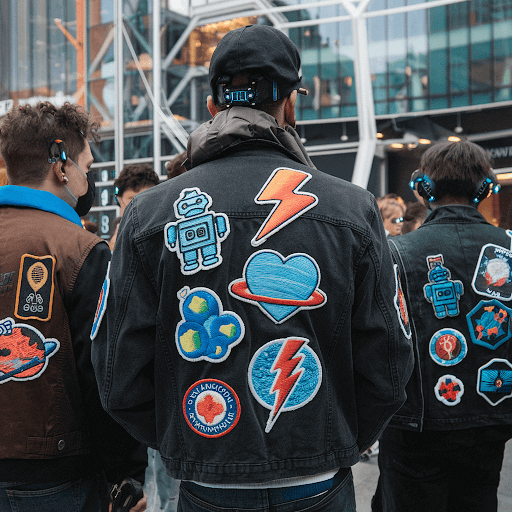 A futuristic scene in 2025 with a group of people wearing custom patches on their clothes