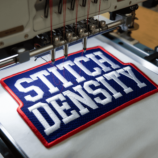 A machine embroidering a custom patch with the text Stitch Density