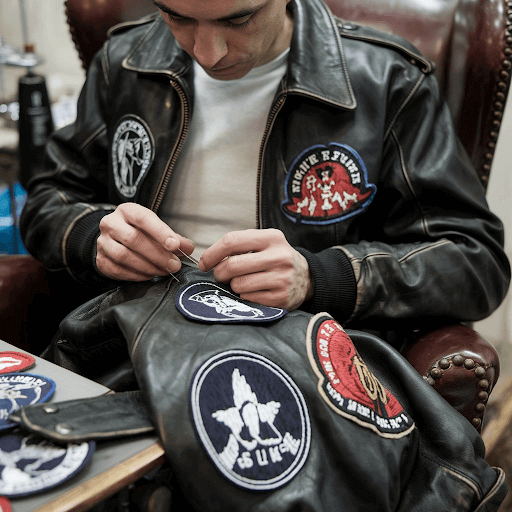 A man sewing patches onto a leather jacket