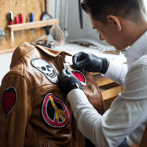 A man sewing patches to a leather jacket