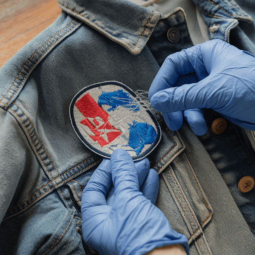 A person carefully removing an embroidered patch from a denim jacket