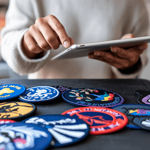 A person holding a tablet, with a variety of custom patches in the foreground