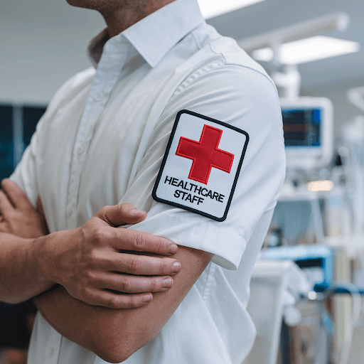 A staff member is wearing a custom healthcare patch