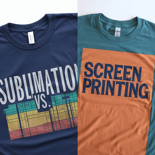 A t-shirt with the text Sublimation vs. Screen Printing