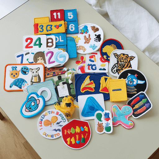 A table with a variety of custom patches for kindergarteners and small kids for learning