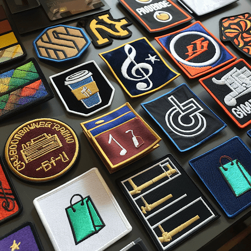 A table with a variety of custom patches