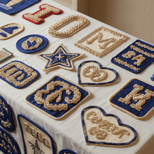 A table with several custom cloth patches