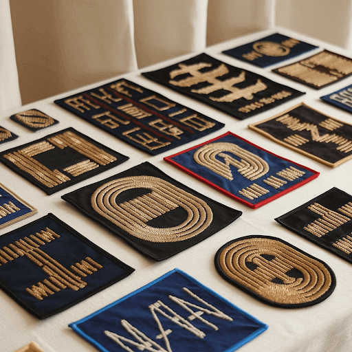 A table with various custom cloth patches with metallic threads